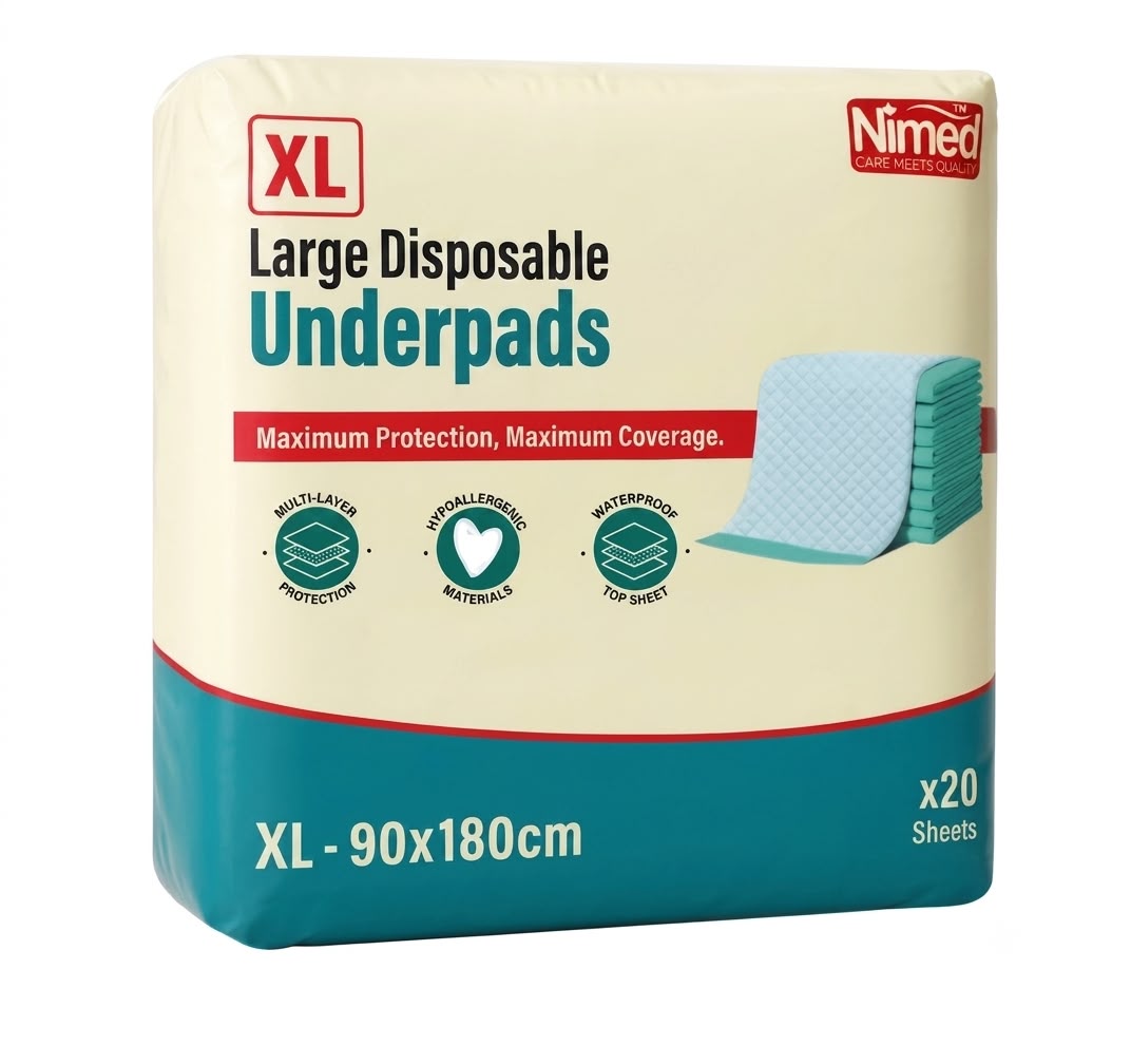medical equipment suppliers in dubai Nimed Disposable Underpads XL 20 pack front view