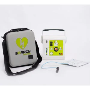 Smarty Saver AED semi-automatic defibrillator with carry case, available at affordable AED machine prices in Dubai, from top AED machine suppliers in Dubai